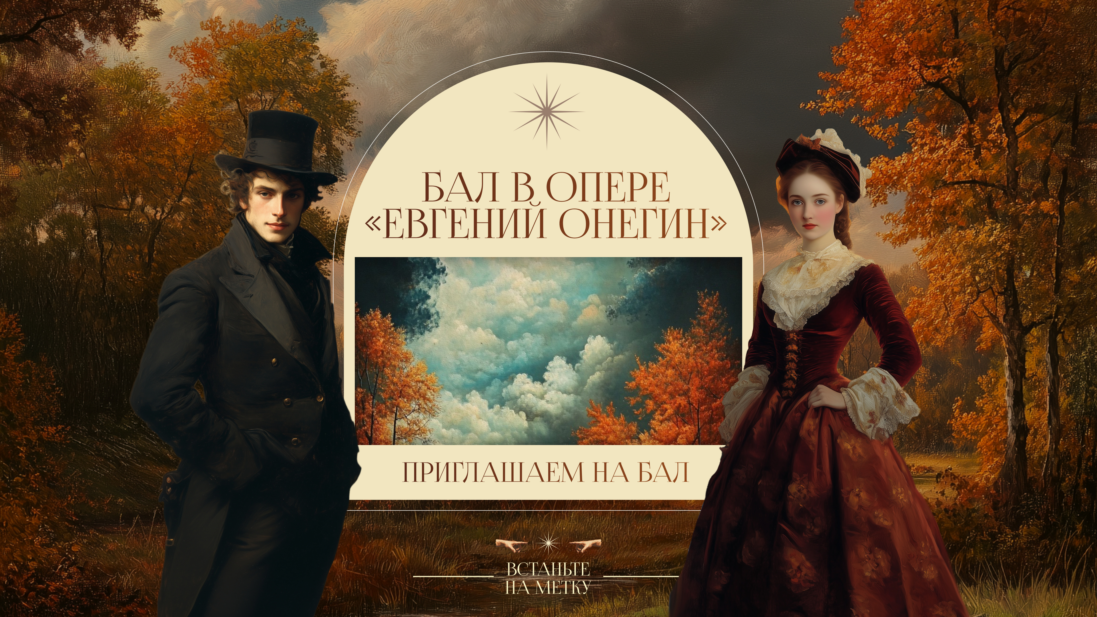 Горизонтальный экран: арка с надписью «Бал в опере „Евгений Онегин“» и плашкой «Приглашаем на бал» между портретами Онегина и Татьяны в осеннем парке, внизу подсказка «Встаньте на метку»