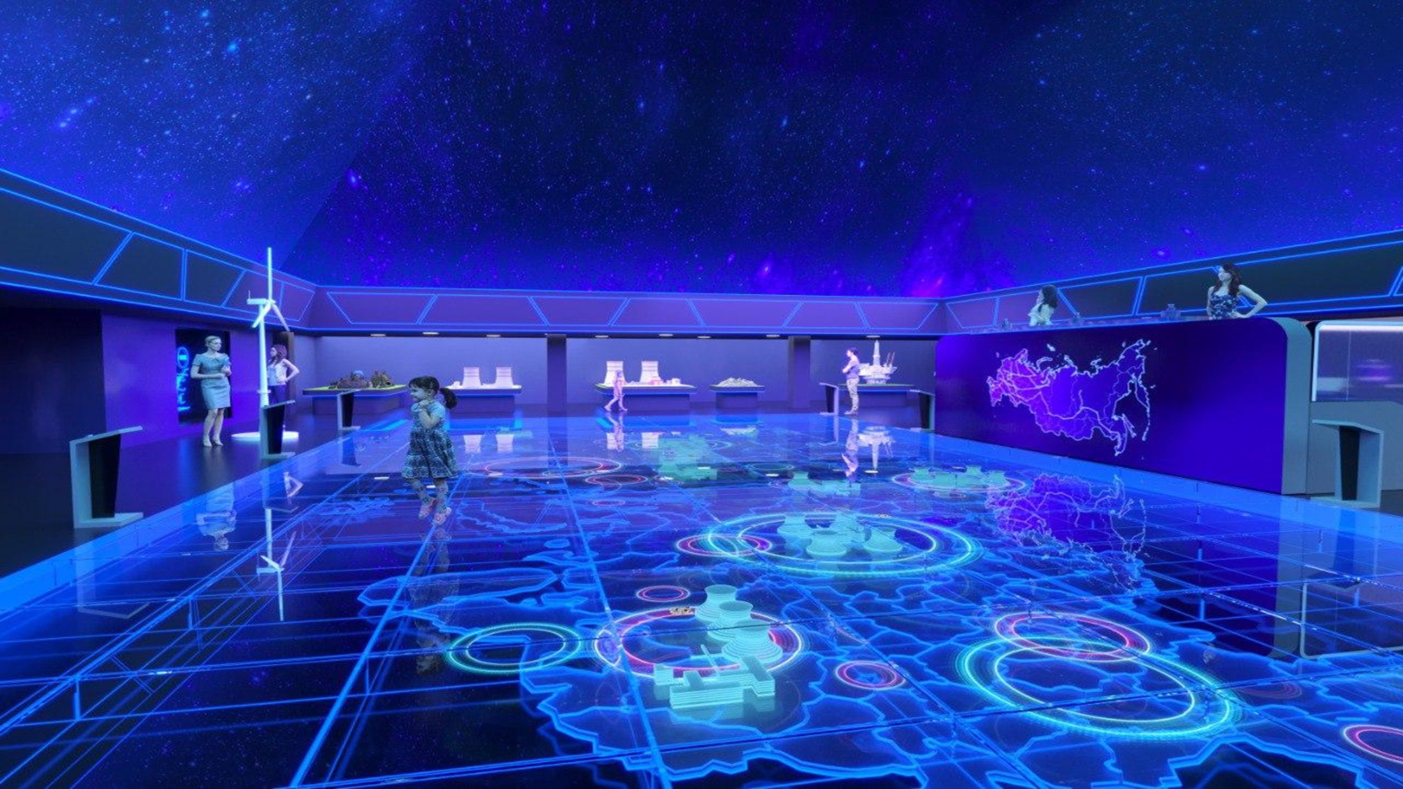 Visualisation of the “Energy Superpower” hall: a glowing map of Russia on the floor, with models of energy facilities and screens along the walls