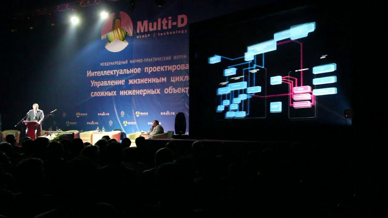 Сцена пленарного заседания форума Multi-D, справа — голографический экран со схемой