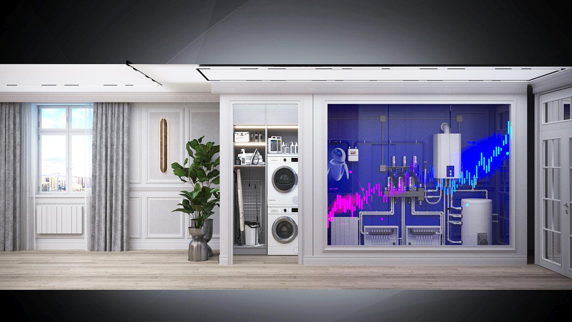 Visualisation of a flat interior: a window, a plant, a cabinet with a washing machine and a screen showing a boiler and pipes