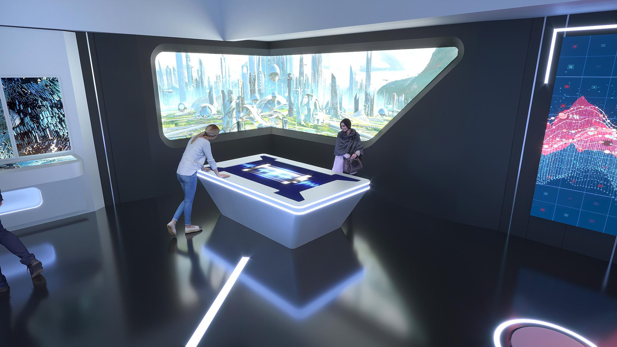 Visualisation: visitors at a white touch table, with a wide screen showing a futuristic city behind it
