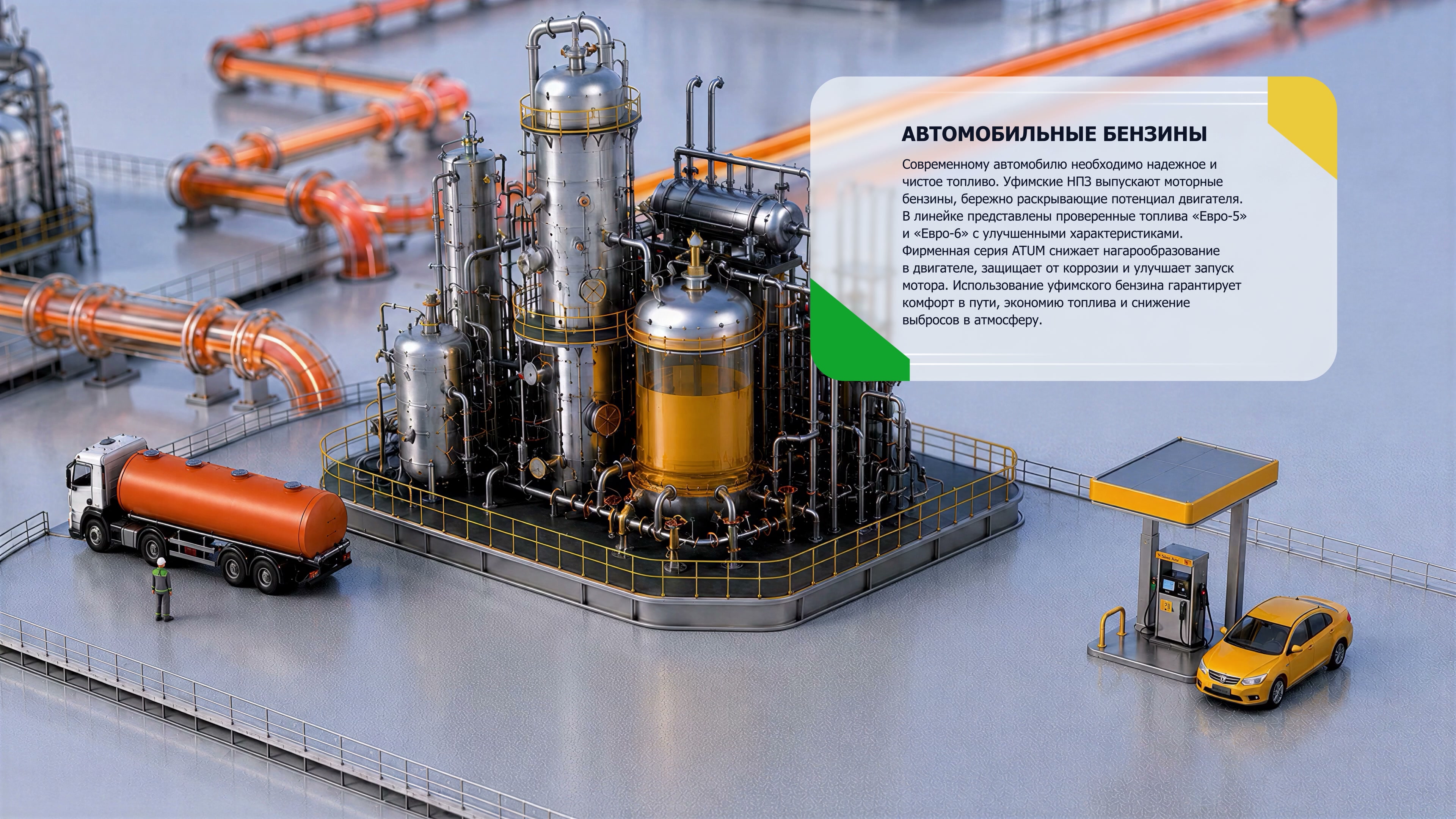 Сцена «Автомобильные бензины» в полном кадре: реактор с оранжевым продуктом, трубопроводы, бензовоз, АЗС с жёлтым автомобилем и карточка с описанием