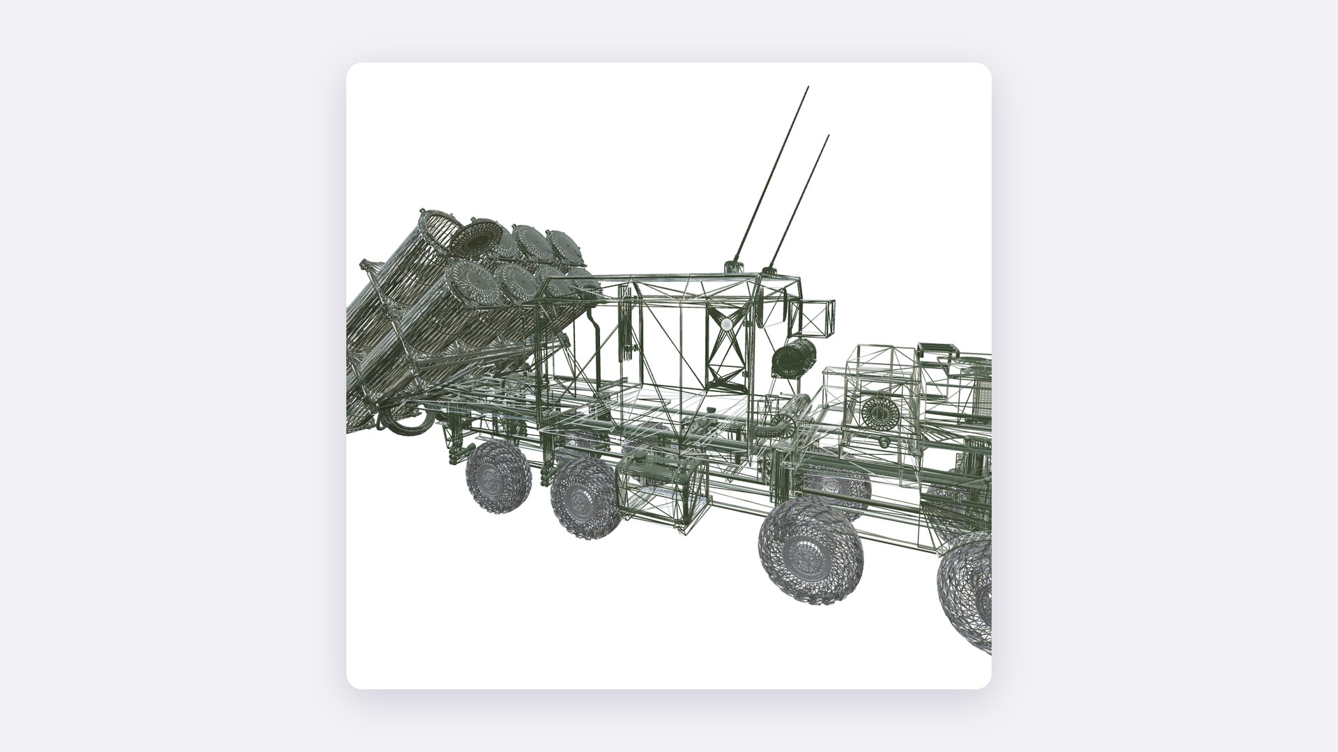 Окно просмотра XR Model Viewer в каркасном режиме: 3D-модель колёсной машины с пакетом пусковых контейнеров на белом фоне