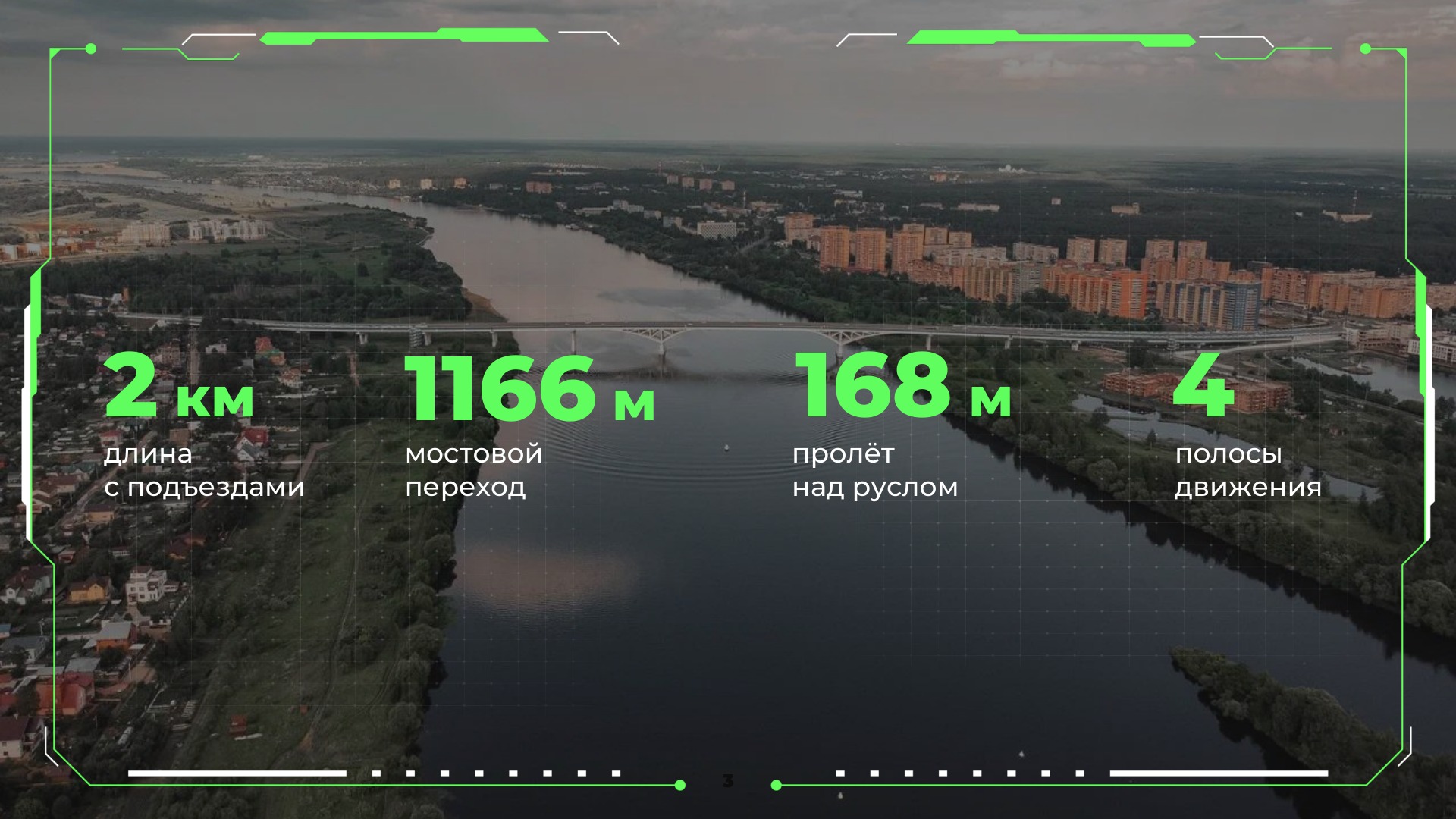 Слайд о мосте через Волгу в Дубне: длина с подъездами, мостовой переход, пролёт над руслом, полосы движения