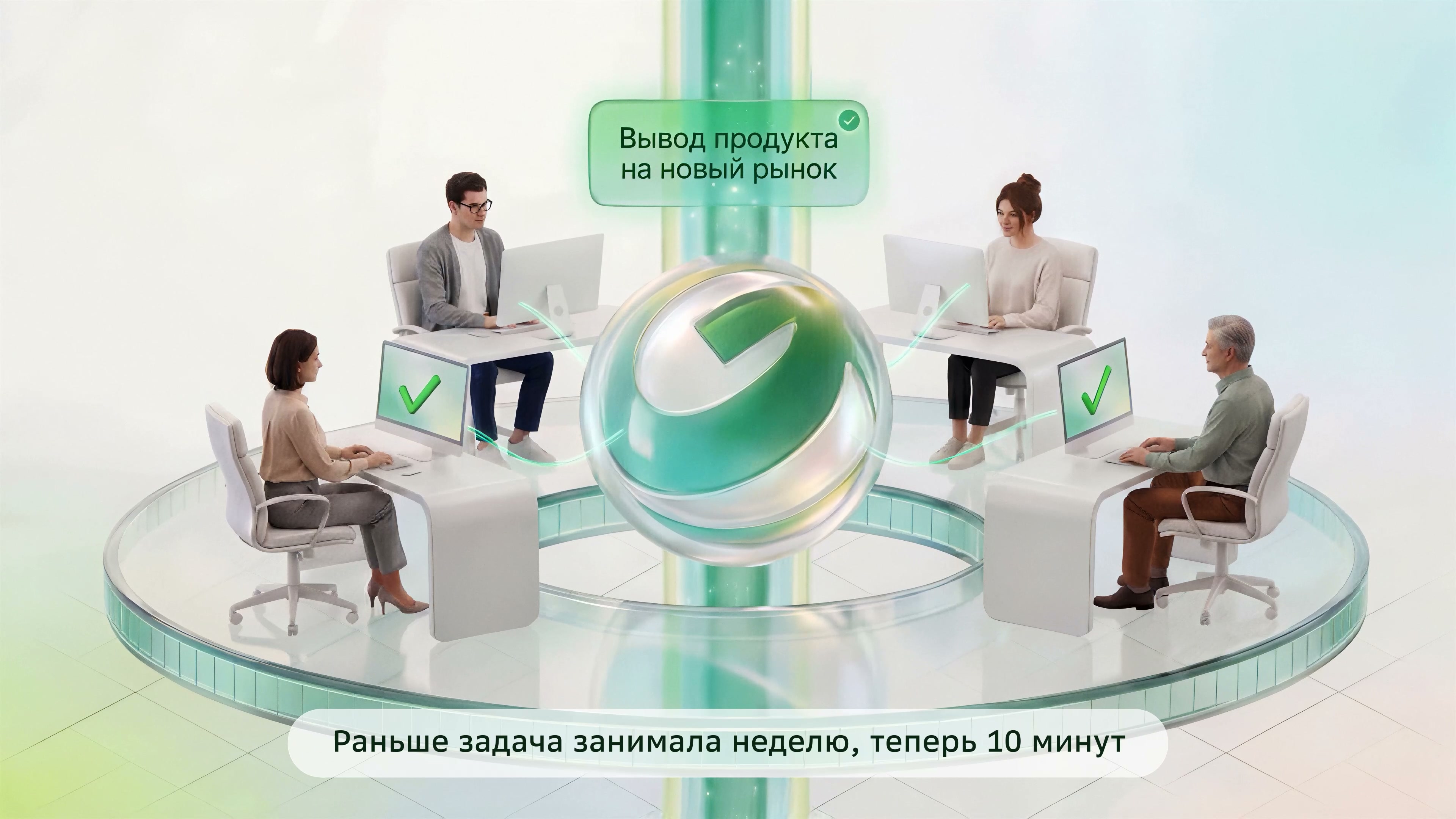 Сотрудники за компьютерами, на мониторах зелёные галочки, над ними выполненная задача, внизу подпись «Раньше задача занимала неделю, теперь 10 минут»