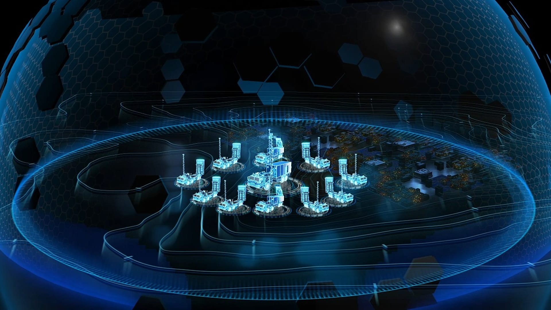 Frame from the “Purpose” video: the system under a dome next to a city