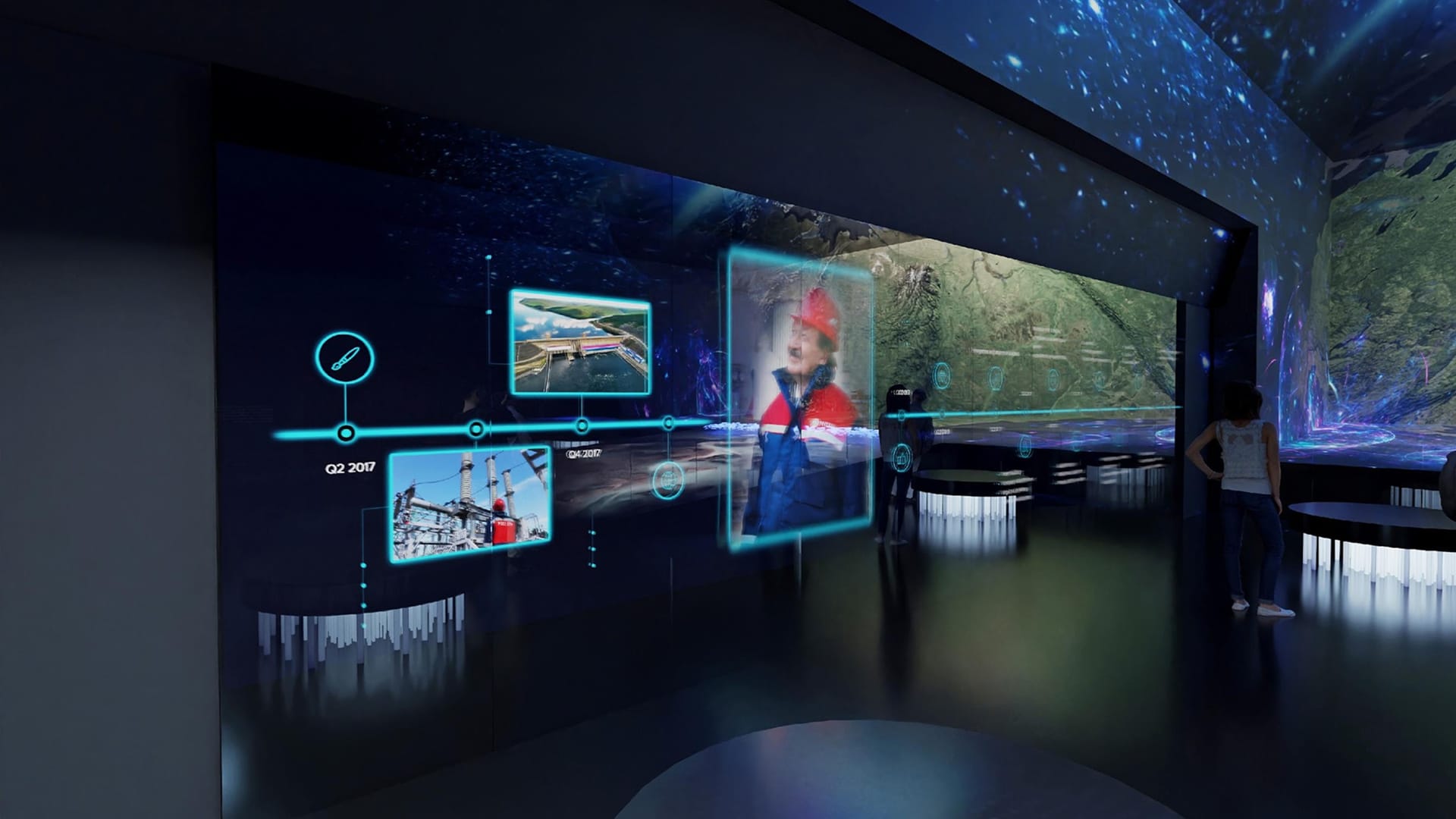 Visualisation of a dark hall: a glowing timeline with photographs of energy facilities on the wall