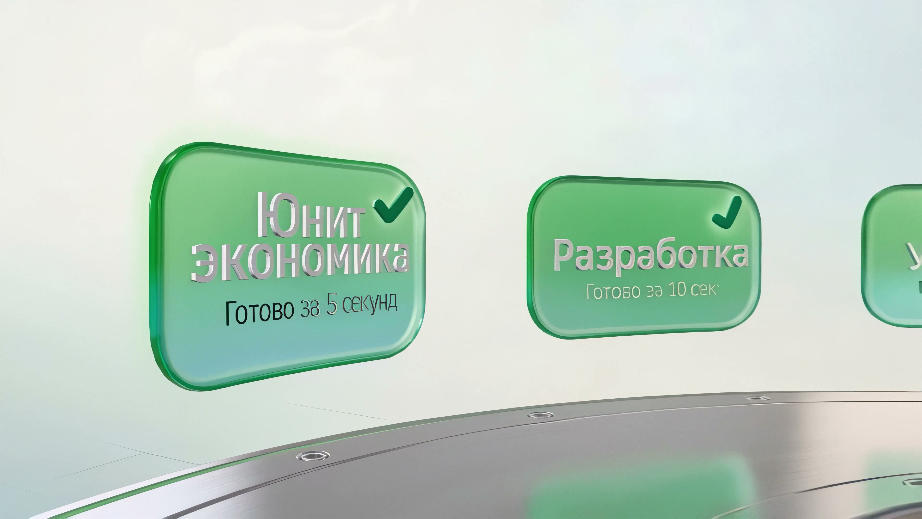 Крупно: зелёные карточки «Юнит-экономика — готово за 5 секунд» и «Разработка — готово за 10 сек»