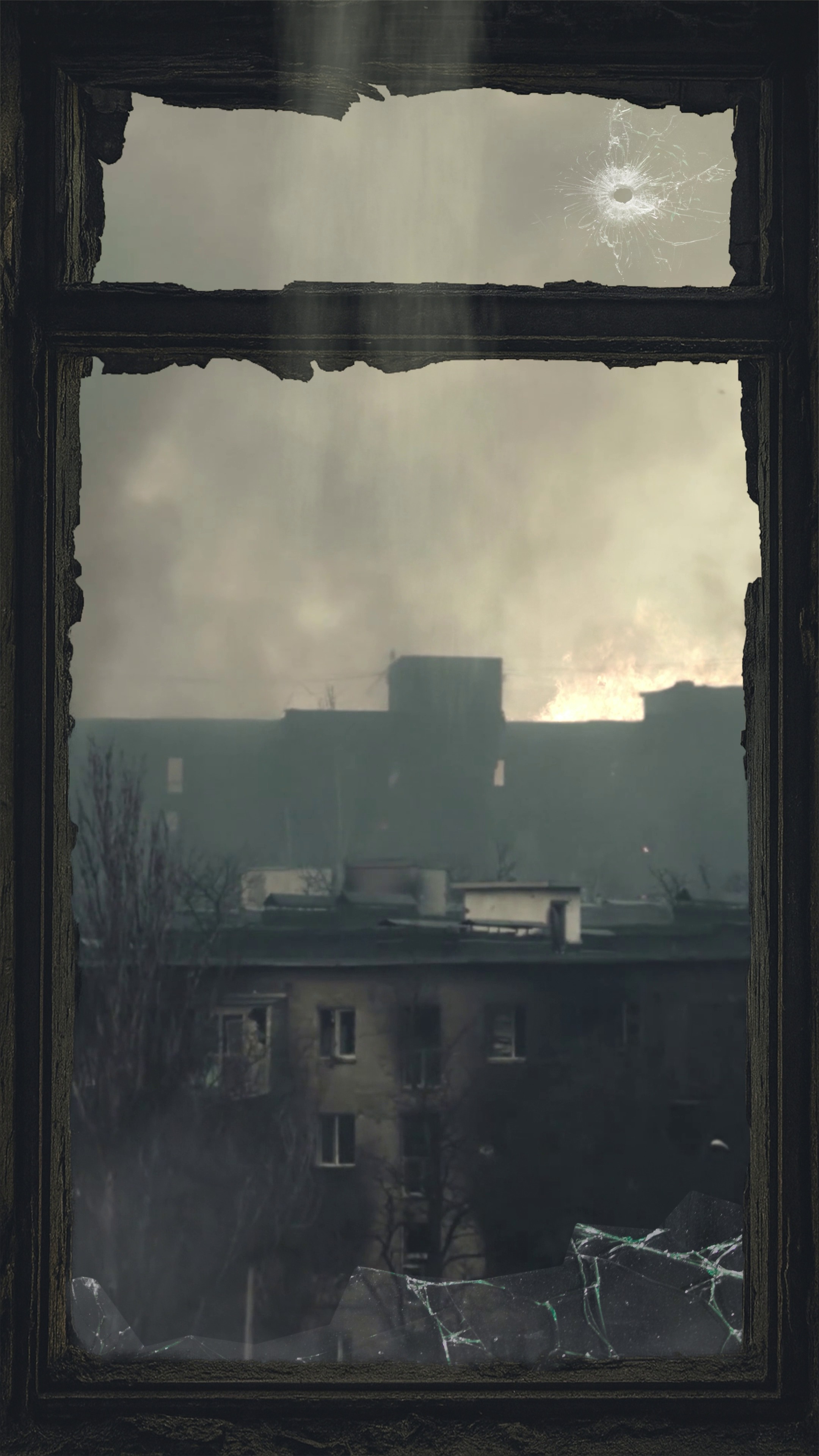 “The veteran’s flat”: projection behind the window — a burning house