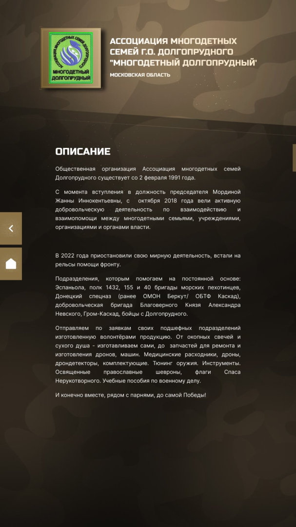 Карточка волонтёрской организации: шеврон, название и описание работы